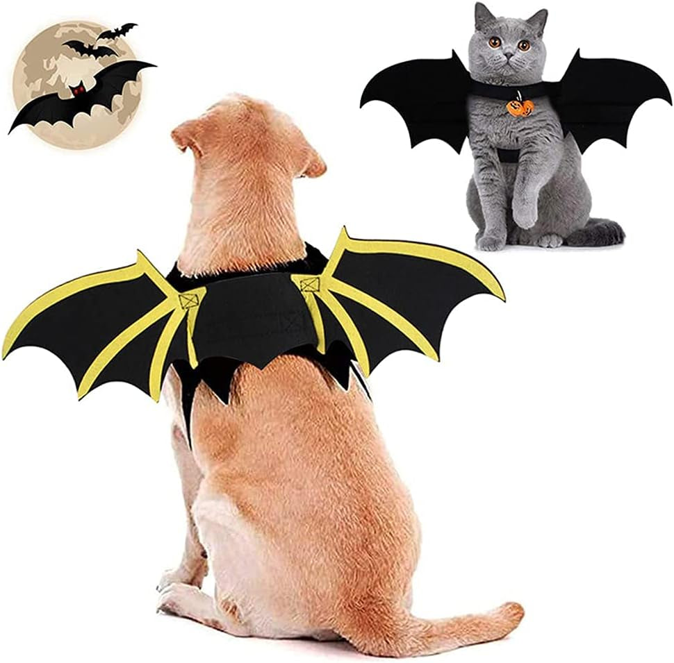 Halloween Dog Cat Costume, Halloween Pet Costume Bat Wings with Pumpkin Bells, Halloween Apparel Cosplay, S