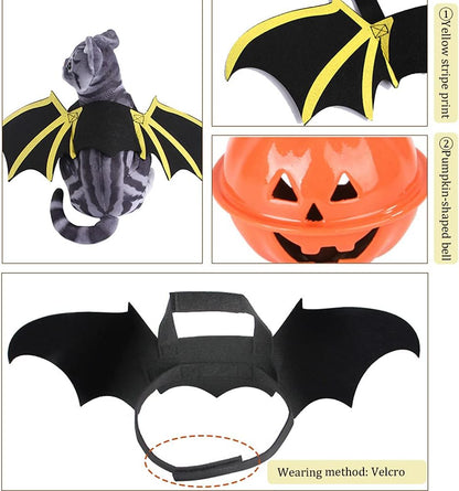 Halloween Dog Cat Costume, Halloween Pet Costume Bat Wings with Pumpkin Bells, Halloween Apparel Cosplay, S